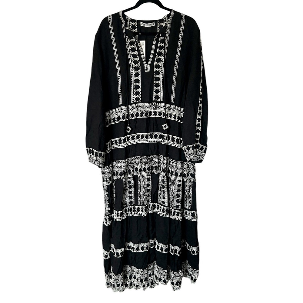 NEW Zara Midi Dress Black Embroidered Linen Blend Tiered Long Sleeve 2XL Boho - Picture 2 of 14